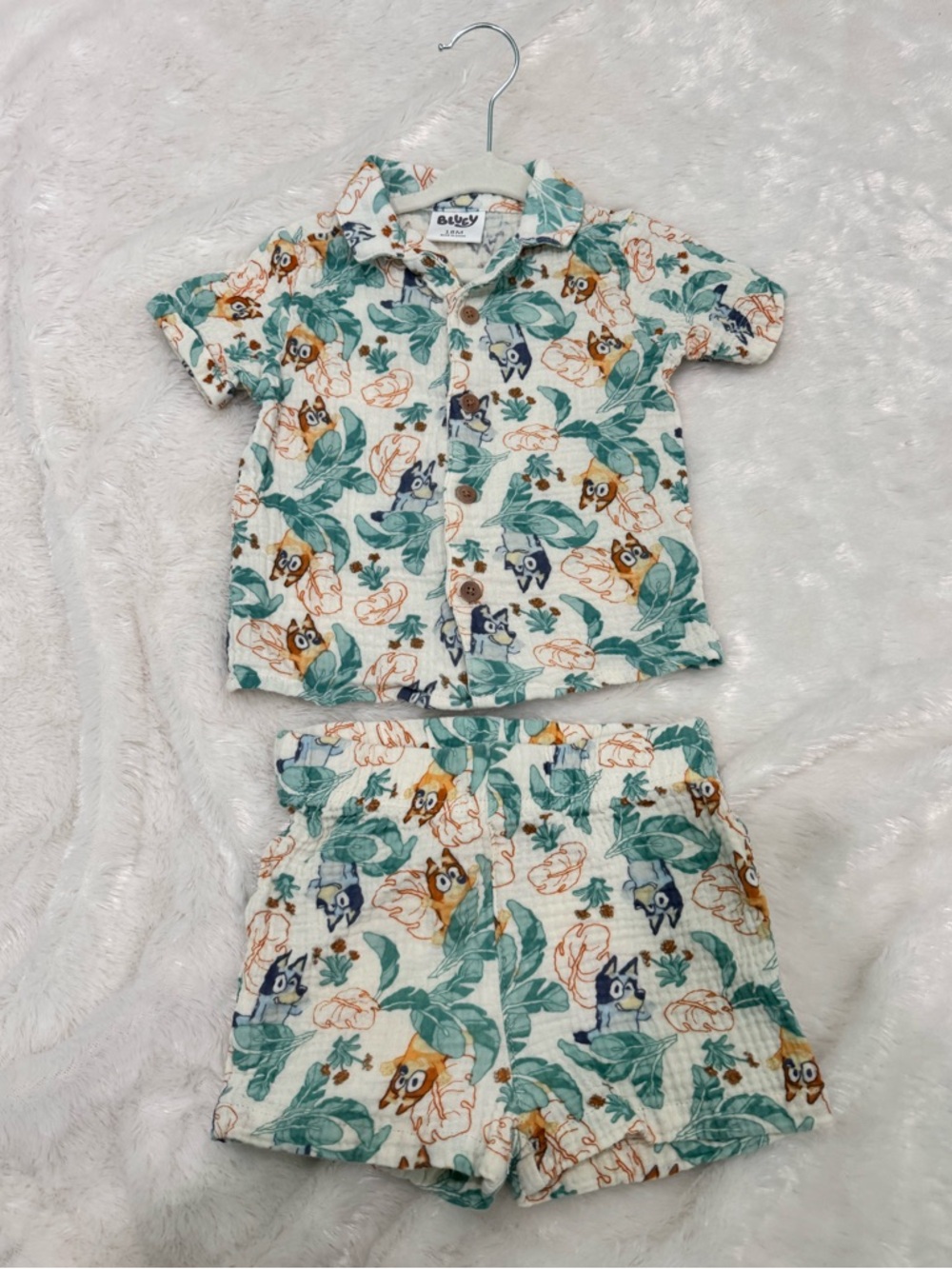 Bluey Kids Short Sleeve Sleep Set with Tropical Owl Print - White/Green